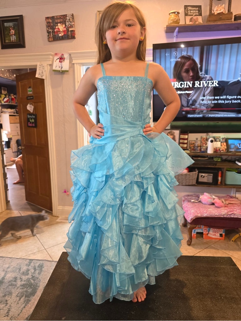 Blue Ruffled Tulle Girls' Party Dress